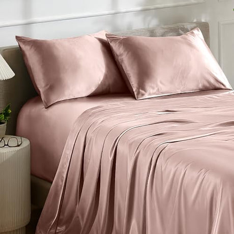 Bare Home Poly Satin Sheet Set - Twin Extra Long - Luxury Soft and Smooth Satin - for Hair and Skin - Breathable - Similar to Silk - Deep Pocket up to 15” - Bedding Sheet Set (Twin XL, Blush) Bare Home