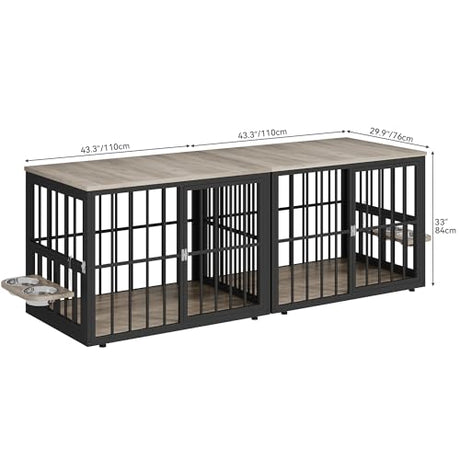 YITAHOME 88.6" Double Dog Crate Furniture, Wooden Dog Kennel with Bowls & 3 Doors, Large Double Crate Furniture TV Stand, Grey YITAHOME