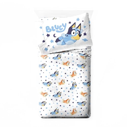 Jay Franco Bluey & Bingo Toddler Comforter Set - 4 Piece Bed Set Includes Sheet Set & Pillow Covers - Super Soft Clouds & Stars Kids Bedding Jay Franco