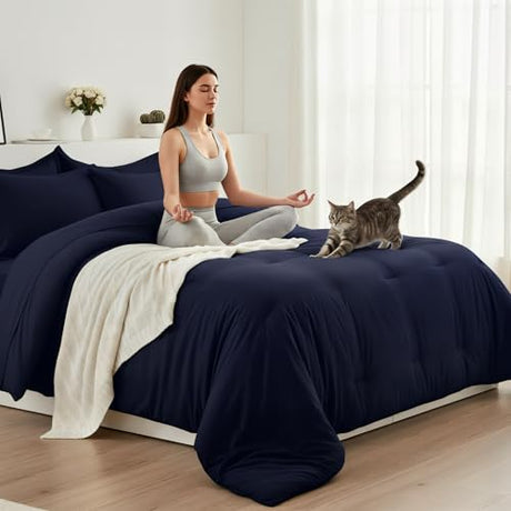 Easthome Queen Comforter Set 7 Piece - Soft Bed in a Bag Queen Size Comforter Sets, Cozy Bedding Sets with Down Alternative Comforter, Flat Sheet, Fitted Sheet, 2 Pillowcases & 2 Shams, Navy Blue Easthome