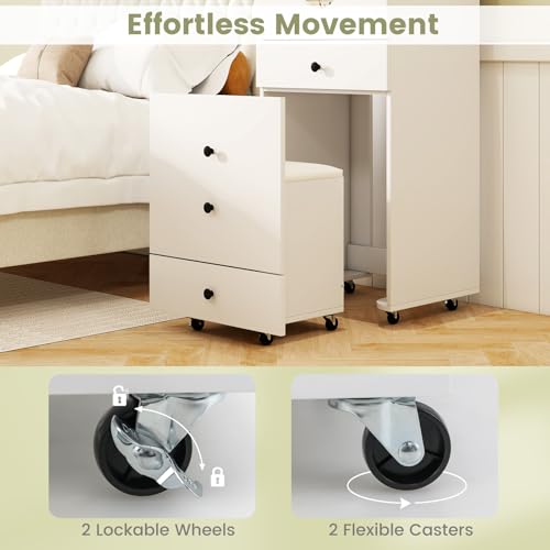 CHARMAID Small Vanity Desk Set, Makeup Vanity Table with Flip-up Lighted Mirror, Storage Bench, 2 Drawers, 8 Wheels, White Girls Dressing Table Nightstand for Small Space Bedroom CHARMAID