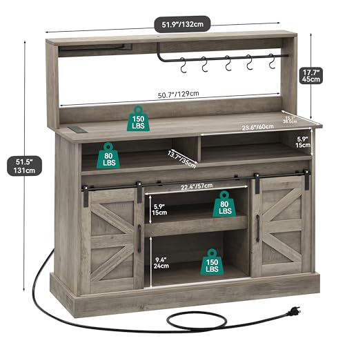 YITAHOME 52" Farmhouse Buffet Cabinet with Storage, Sliding Barn Door, Sideboard Cabinet with Goblet Holder, 5 Hooks and Power Outlets, Coffee Bar Cabinet for Kitchen, Living Room (Rustic Grey Oak)