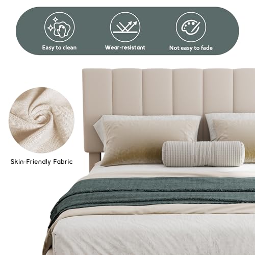 Gas Lift Up Storage Platform Bed, Upholstered Bed Frame with Hydraulic Storage System and Wooden Slat Support, Queen Size, Beige Merax