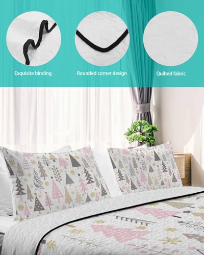 Christmas Pink Tree Quilt Full Queen Bedding Set, Contemporary Minimalist Grey Lightweight Summer Quilt with Pillow Shams 3 Pieces Microfiber Soft Quilt Set Bedspread Coverlet for All Seasons Onekaccu