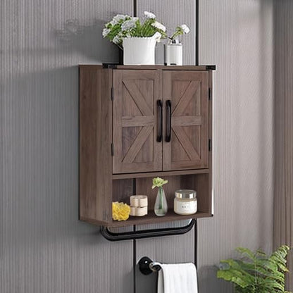 RUSTOWN Farmhouse Wall Storage Cabinet with Two Barn Door, Rustic Mounted Medicine Cabinet with Adjustable Shelf and Towel Bar, 3-Tier Wood Cabinet for Kitchen, Bathroom, Living Room (Washed Oak)