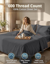 LANE LINEN 100% Cotton Sheets Full Size - Premium 600 Thread Count Sateen Weave for A Silky Feel - Extra Breathable & Cozy for Year Round Comfort - Fits Matresses Upto 15'' Deep - Charcoal LANE LINEN