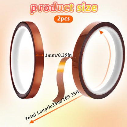 2Roll High Temperature Heat Resistant Tape 10mmx33m(108 ft) Heat Tape for Sublimation Polyimide No Residue Thermal Insulation Shield Tape with Silicone Adhesive for Electronics Soldering Circuit Board