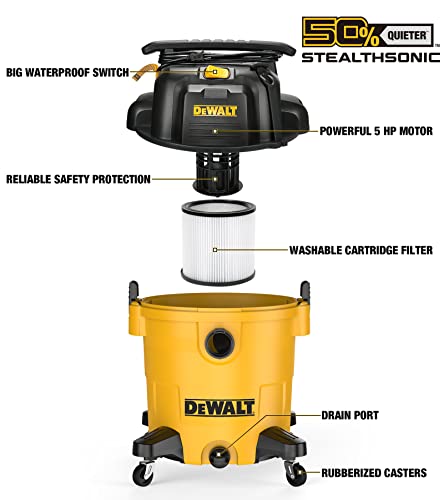DEWALT 12 Gallon STEALTHSONIC Ultra Quiet Poly Wet Dry Vacuum, DXV12P-QTA Newest Noise Reduction Vac, 5.5 Peak HP Shop Vacuum for Jobsite/Workshop, Reduce Motor Noise, Yellow DEWALT