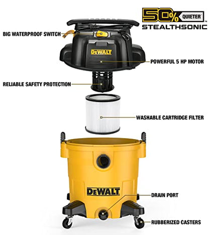 DEWALT 12 Gallon STEALTHSONIC Ultra Quiet Poly Wet Dry Vacuum, DXV12P-QTA Newest Noise Reduction Vac, 5.5 Peak HP Shop Vacuum for Jobsite/Workshop, Reduce Motor Noise, Yellow - WoodArtSupply