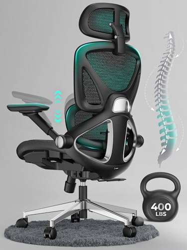 CAPOT Ergonomic Mesh Office Chair, Adjustable Lumbar High Back Desk Chair 400lbs, 4D Flip-up Arms, 3-Level Tilt Backrest, 3D Headrest, PU Wheels, Swivel Rolling Computer Seating for Long Desk Work CAPOT