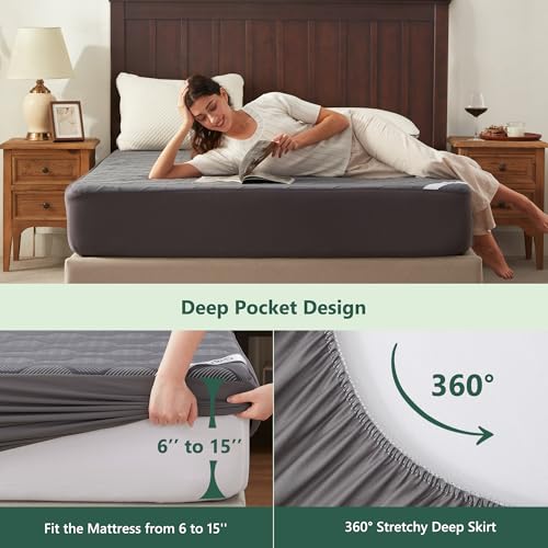 Queen Size Waterproof Mattress Protector, 40% Rayon Derived from Bamboo Grey Mattress Pad Cover, 3D Air Fabric Breathable Mattress Pad Fitted with Deep Pocket 6"- 15" Machine Washable FELTYBED