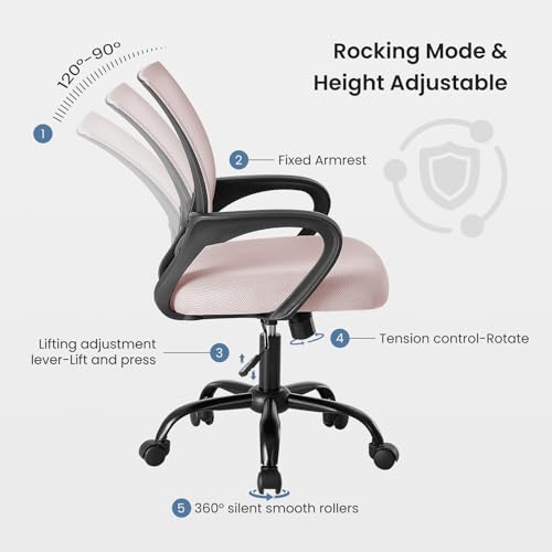 DUMOS Office Desk Chair - Ergonomic Mid Back with Lumbar Support & Rocking Mode, Height Adjustable with Fixed Armrest, Storage Back for Computer, Gaming, Conference, Meeting Room, 360° Swivel, Pink DUMOS