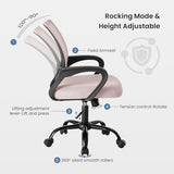 DUMOS Office Desk Chair - Ergonomic Mid Back with Lumbar Support & Rocking Mode, Height Adjustable with Fixed Armrest, Storage Back for Computer, Gaming, Conference, Meeting Room, 360° Swivel, Pink DUMOS