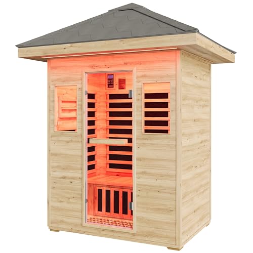 Albott Outdoor Sauna 3 Person, Infrared Saunas for Home, Low EMF 2645W/240V/15A Spruce Wood Dry Sauna with Tourmaline Stone Foot Warmer, 7-Color Light Therapy & 2 Bluetooth Speakers, 60.2"x43.3"x98.4" Albott