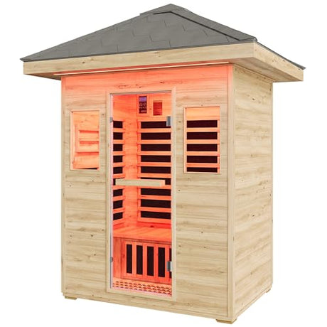 Albott Outdoor Sauna 3 Person, Infrared Saunas for Home, Low EMF 2645W/240V/15A Spruce Wood Dry Sauna with Tourmaline Stone Foot Warmer, 7-Color Light Therapy & 2 Bluetooth Speakers, 60.2"x43.3"x98.4" Albott