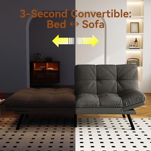 Vipbear Convertible Futon Sofa Bed, Grey Linen Futon Couch with Adjustable Backrest & Armrests, Folding Small Recliner Sleeper Sofa Bed for Living Room, Apartment, Office Vipbear