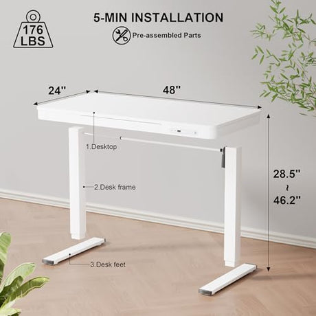 Furmax Electric Standing Desk with Drawer 48 x 24 Inch Adjustable Height Stand up Desk One-piece Board Pre-assembled Home Office Computer Desk with USB Ports, White Furmax
