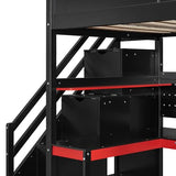 RUNNA Full Size Wooden Gaming Loft Bed with Storage Stairs, Desk, Shelves & Pegboard, Space-Saving Esports Style for Teens & Adults (Black+Red-3) RUNNA