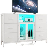 White Dresser for Bedroom Dresser TV Stand with Charging Station for 60" TV 6 Drawer Dresser Entertainment Center with LED Long Fabric Bedroom Dresser Organizer Unit Tall Chest of Drawers for Kids FFBCFDK