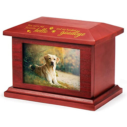 TJ. MOREE Pet Urns for Dog Ashes, Memorial Gifts for Loss of Cat, Personalized Wooden Cremation Urn with Photo Frame, Keepsake Memory Box with Black Flannel Bag for Pet up to 100 Pounds - WoodArtSupply