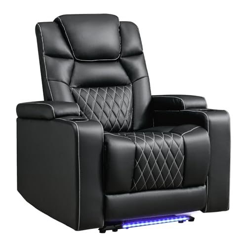ANJ Power Recliner Chair with USB Port, Electric PU Leather Home Theater Seating for Living Room, Movie Reclining Chairs with Blue Ambient Lighting, Hidden Arm Storage, Cup Holders (Black)