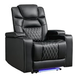 ANJ Power Recliner Chair with USB Port, Electric PU Leather Home Theater Seating for Living Room, Movie Reclining Chairs with Blue Ambient Lighting, Hidden Arm Storage, Cup Holders (Black)