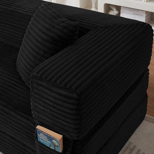 KEIKI 78" Futon Folding Sofa Bed, 4-in-1 Boneless Couches for Living Room, Oversized Comfort Corduroy Upholstered Sleeper Pull Out Bed for Small Space Bedroom Lounge, Removable Armrests, Black KEIKI