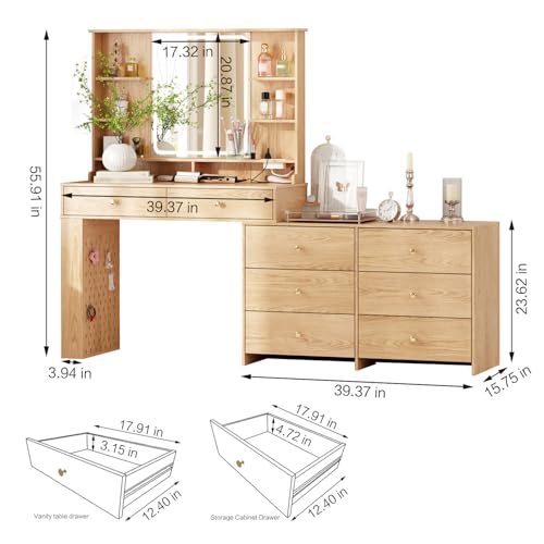 Ieejdn Large Makeup Vanity Desk with Mirror and Lights, Vanity Desk with 8 Drawers & Storage Shelves, Vanity Table with Power Outlet, 3 Color Modes & Adjustable Brightness Dressing Table, Bedroom,Oak Ieejdn
