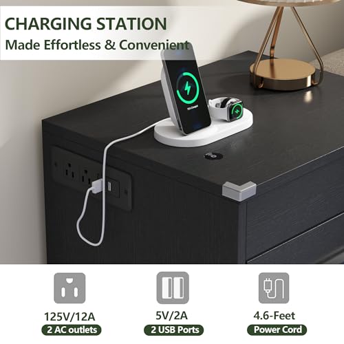 LED Nightstand with Charging Station & RFID Lock Cabinet, Modern Black Bedroom Nightstands with Drawer & Open Storage, Wooden Nightstands for Concealment, Smart Nightstand for Hidden Valuables Storage Gyfimoie