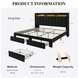 SHA CERLIN Velvet King Size Bed Frame with Vertical Channel Tufted Wingback Headboard & 2 Storage Drawers/2-Tier Shelves with LED Lights & Charging Station/Noise-Free/No Box Spring Needed/Black SHA CERLIN