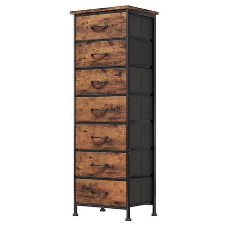 Fixwal Tall Dresser for Bedroom, Storage Dresser Organizer with 7 Fabric Drawers, Nightstand Furniture in Closet, Entryway, Hallway, Rustic Brown Wood Grain Print Fixwal