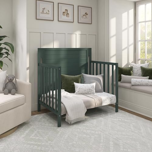 Dream On Me Bellport 4-in-1 Convertible Mini Baby Crib, Compact Design in Safari Green, GreenGuard Gold & BSA, Non-Toxic, Pinewood, Converts to Mini Daybed & Twin Bed, 1″ Mattress Pad