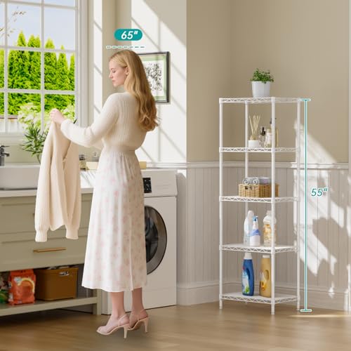 SINGAYE 5 Shelves Storage Shelf Wire Closet Bathroom Organizers Metal Pantry Kitchen Small Garage Shelving Unit Laundry Room Organization Home Corner Rack Estantes para Cocina White 10" Dx16 Wx55”H SINGAYE