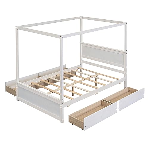 RORIGAT Wood Canopy Bed with 4 Storage Drawers, Full Size Canopy Platform Bed with Support Slats, 4-Post Wood Platform Bed with Headboard,for Kids Teens Adult, No Box Spring Needed,Brushed White