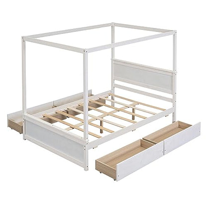 RORIGAT Wood Canopy Bed with 4 Storage Drawers, Full Size Canopy Platform Bed with Support Slats, 4-Post Wood Platform Bed with Headboard,for Kids Teens Adult, No Box Spring Needed,Brushed White