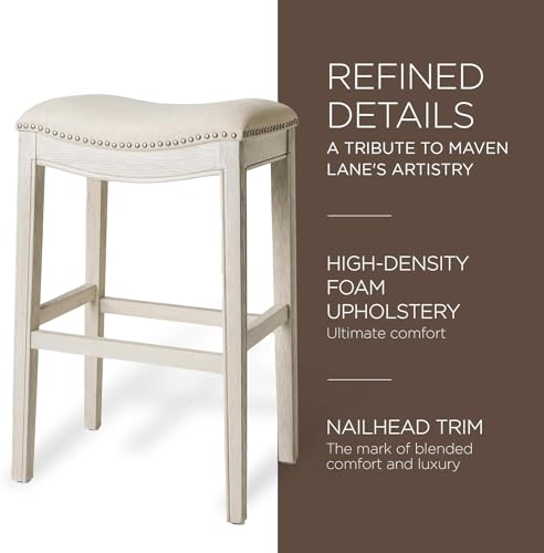 Maven Lane Adrien Saddle Bar Stool in White Oak Finish with Natural Fabric Upholstery Maven Lane