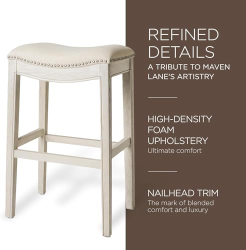 Maven Lane Adrien Saddle Bar Stool in White Oak Finish with Natural Fabric Upholstery - WoodArtSupply