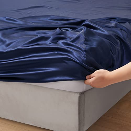 Counfeisly 2 Pieces Satin Twin Fitted Sheet & Pillowcase Set, Luxury Silky Soft Satin Bed Sheets with 1 Deep Pocket Fitted Sheet - 16" Deep Pocket Sheets, 1 Pillowcase, Navy Counfeisly