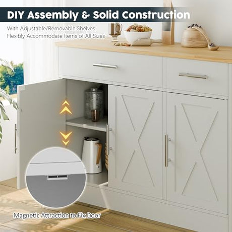 SUNLEI Sideboard Buffet with Storage, Farmhouse Kitchen Cabinet with 3 Doors and 2 Drawers, Coffee Bar Cabinet with Storage for Living Room, White SUNLEI