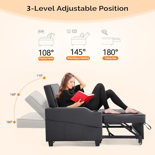VINGLI Convertible Loveseat Sleeper, Black Faux Leather Futon Sofa Bed Pullout Couch Bed with USB Ports, Cup Holders, Armrest for Living Room, Bedroom, Home Office Apartment VINGLI