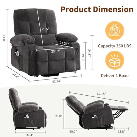 PoteSoar Power Lift Recliner Chair for Elderly with Massage and Heat, Comfortable Electric Power Reclining Chair with Side Pockets,2 Cup Holders and USB Charging Port for Living Room (Grey) PoteSoar