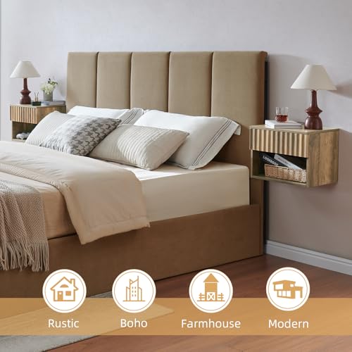 BuildHom Floating Nightstand with Fluted Drawer - Modern Wall Mounted Bedside Table with Open Storage Shelf, Small Night Stand TV Stand for Bedroom(Rustic Brown, Set of 2) BuildHom