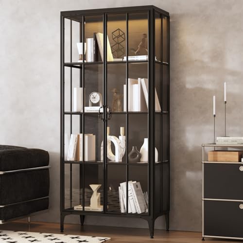 JOIKUJIA Display Cabinet with Glass Doors & LED Lights, Storage Cabinet with 4 Tier Glass Shelves & Metal Frame, Black, 31.5”W x 15.7”D x 70.9”H JOIKUJIA