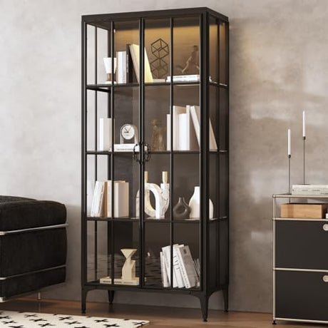 JOIKUJIA Display Cabinet with Glass Doors & LED Lights, Storage Cabinet with 4 Tier Glass Shelves & Metal Frame, Black, 31.5”W x 15.7”D x 70.9”H JOIKUJIA