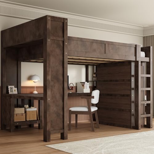 CKLMMC Wooden Queen Loft Bed with Desk, Headboard with Storage and USB, Space-Saving Modern Design for Small Rooms (Brown-Q1) CKLMMC