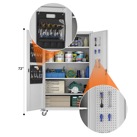 Aobabo Extra Large Garage Storage Cabinet on Wheels, Metal Storage Cabinets with 4 Adjustable Shelves, 3 Pegboards and 2 Tool Pouches for Home Office Stash, Assembly Required Aobabo