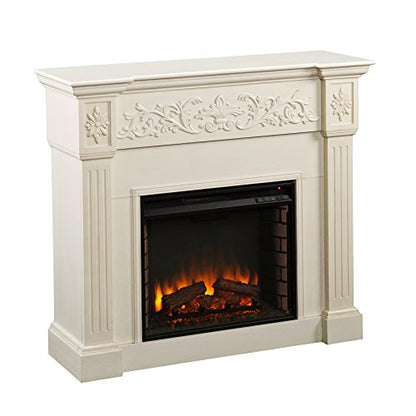 SEI Furniture Calvert Electric Carved Floral Trim Fireplace, 44.5" W x 14.5" D x 40.25" H, Ivory