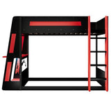 Twin Size Gaming Bunk Bed with Desk & LED Light & Charging Station,Twin over Twin Wood Loft Bed Frame with 2 Storage Shelves & Safety Guardrails & Ladder for PC & Console Gamers Bedroom,Black Red FUvellamo
