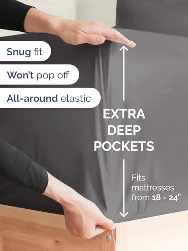 Extra Deep Queen Fitted Sheet - Hotel Luxury Single Fitted Sheet Only - Easily Fits 18 inch to 24 inch Mattress - Ultra Soft, Wrinkle & Fade Free w/Extra Deep Pockets - Breathable & Comfy - Dark Grey CGK Unlimited