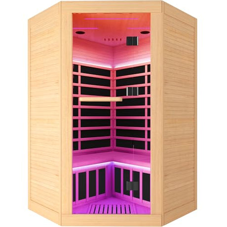OUTEXER 2-3 Person Sauna Corner Sauna Far Infrared Saunas Room Home Canadian Hemlock Indoor 2100W Low-EMF Dry Saunas with 7 Color Therapy 47.2 * 47.2 * 74.8inch OUTEXER